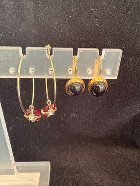 Gold Hoop Earrings with Red Packages and Gold Black Drop Earrings